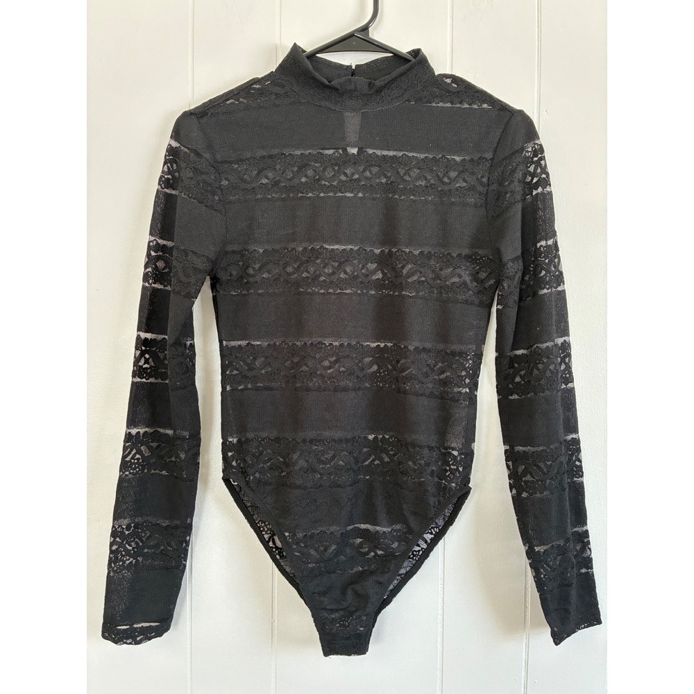 Jolie & Joy Sheer Lace Striped Mock-Neck Bodysuit‎
